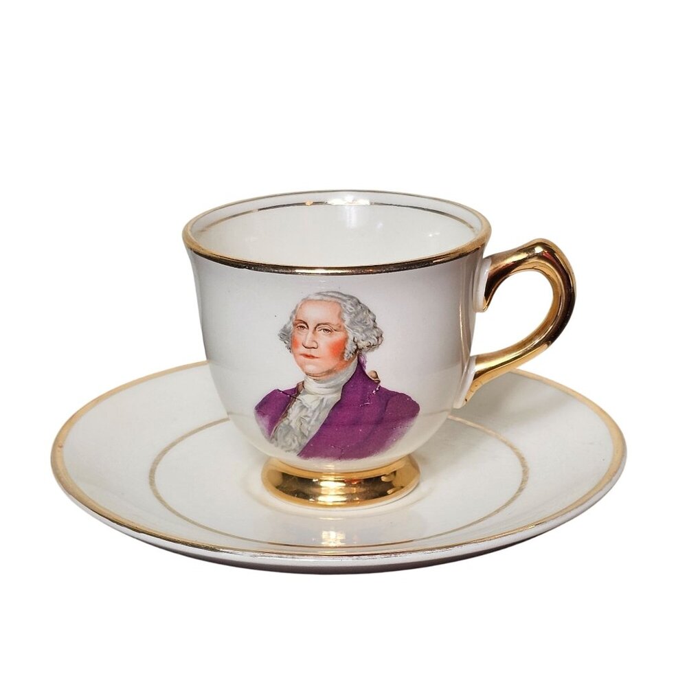 Vintage Porcelain Cup Saucer Set George Washington Print Gold Trim Valley Forge
